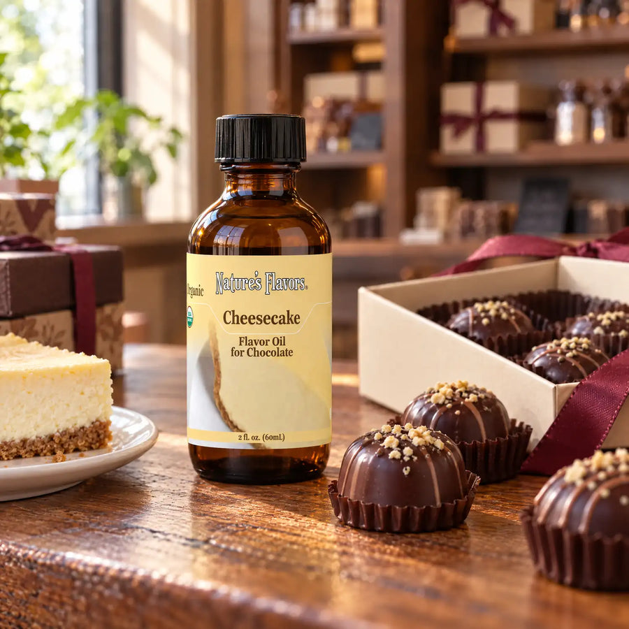 Nature's Flavors Organic Cheesecake Flavor Oil for Chocolate bottle on a wooden chocolate-shop counter beside a slice of cheesecake and a gift box of chocolates.