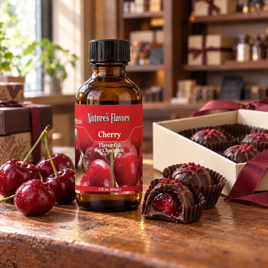Nature's Flavors Organic Cherry Flavor Oil for Chocolate bottle on a wooden chocolate-shop counter beside fresh cherries and a gift box of chocolates.