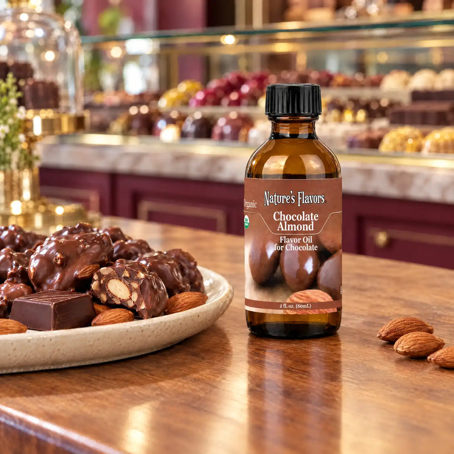 Nature's Flavors Organic Chocolate Almond Flavor Oil For Chocolate, 2-ounce bottle, with almonds and chocolate clusters in a chocolate shop.