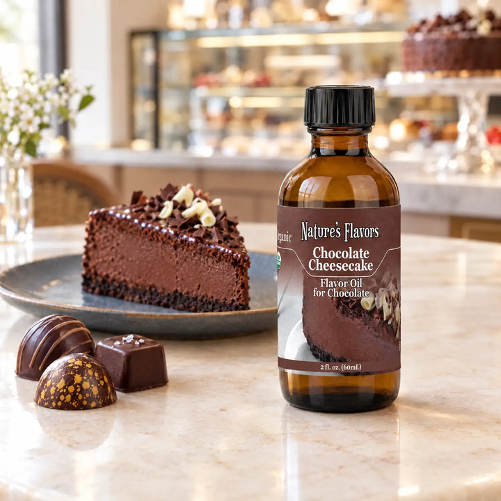 Nature's Flavors Organic Chocolate Cheesecake Flavor Oil For Chocolate, 2-ounce bottle, with chocolate cheesecake and chocolate bonbons at a patisserie.