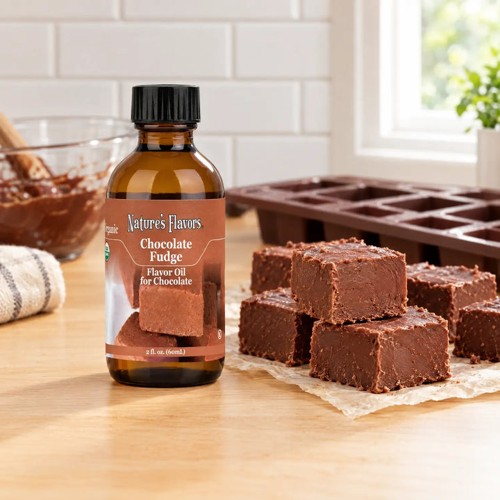 Nature's Flavors Organic Chocolate Fudge Flavor Oil For Chocolate, 2-ounce bottle, with chocolate fudge squares in a chocolate-making kitchen.
