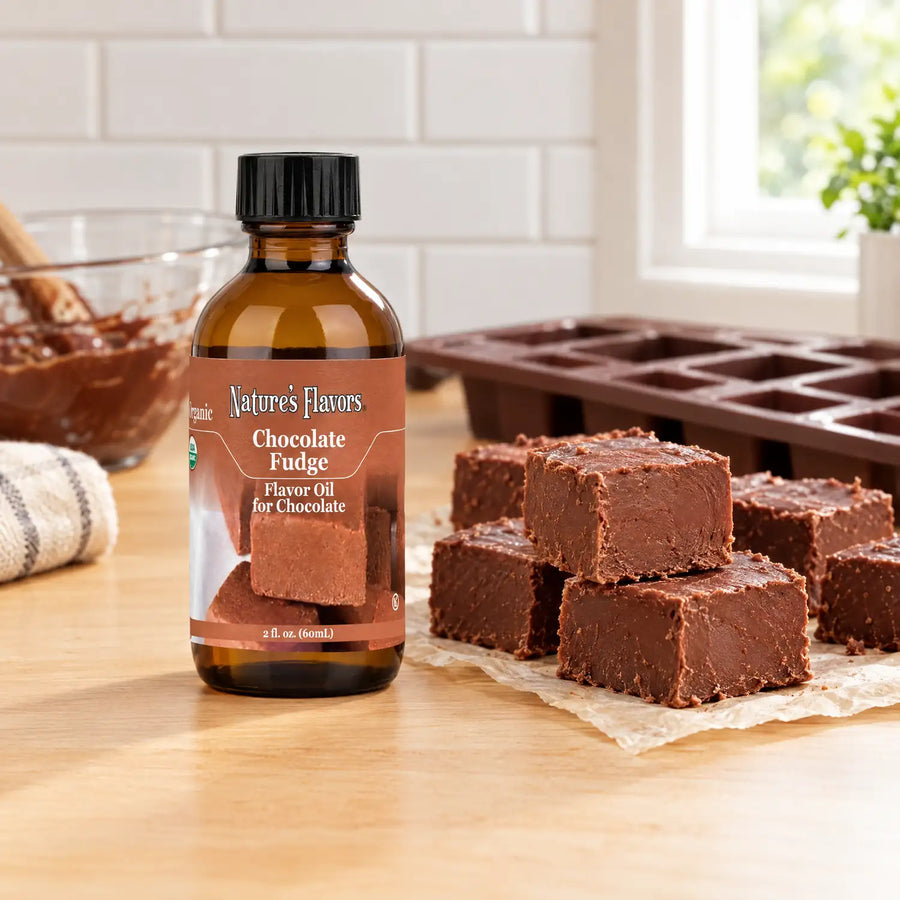 Nature's Flavors Organic Chocolate Fudge Flavor Oil For Chocolate, 2-ounce bottle, with chocolate fudge squares in a chocolate-making kitchen.