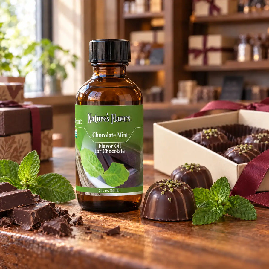 Nature's Flavors Organic Chocolate Mint Flavor Oil for Chocolate bottle on a wooden chocolate-shop counter beside mint leaves and dark chocolate and a gift box of chocolates.