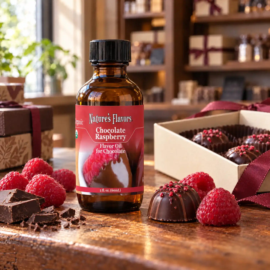 Nature's Flavors Organic Chocolate Raspberry Flavor Oil for Chocolate bottle on a wooden chocolate-shop counter beside raspberries and dark chocolate and a gift box of chocolates.