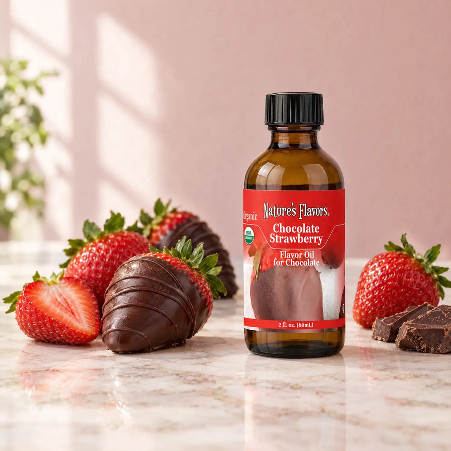 Nature's Flavors Organic Chocolate Strawberry Flavor Oil For Chocolate, 2-ounce bottle, with strawberries and chocolate-dipped strawberries on marble.
