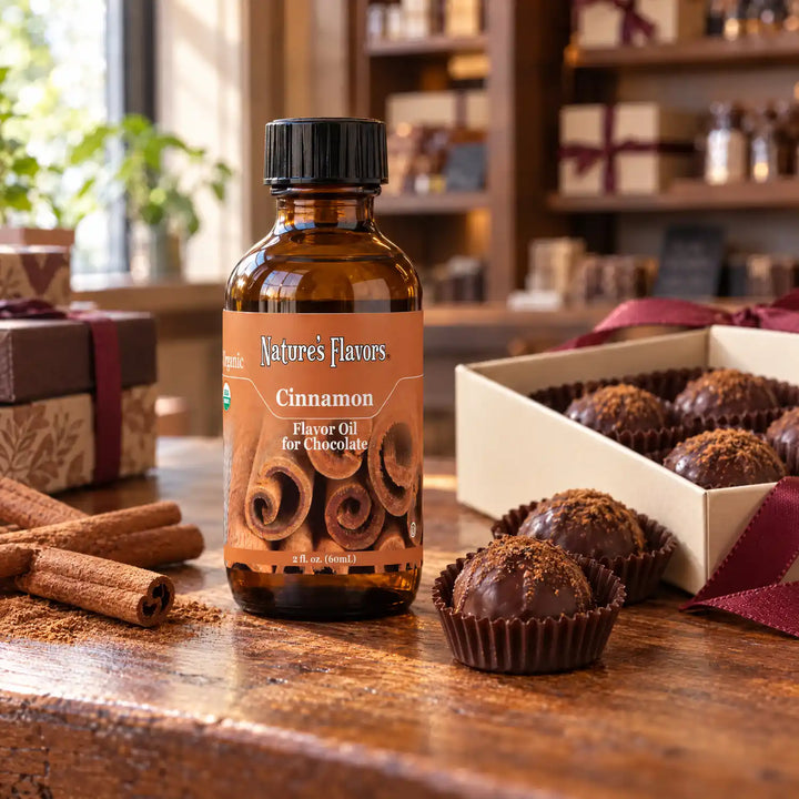 Nature's Flavors Organic Cinnamon Flavor Oil for Chocolate bottle on a wooden chocolate-shop counter beside cinnamon sticks and a gift box of chocolates.