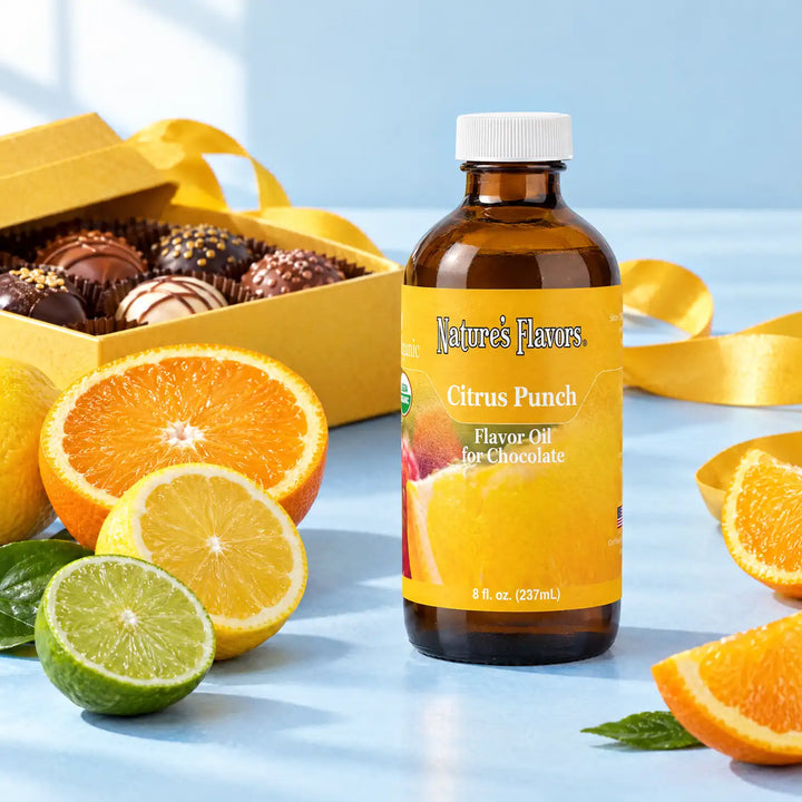 Nature's Flavors Organic Citrus Punch Flavor Oil For Chocolate, 8-ounce bottle, with citrus slices and boxed chocolates on a gift table.