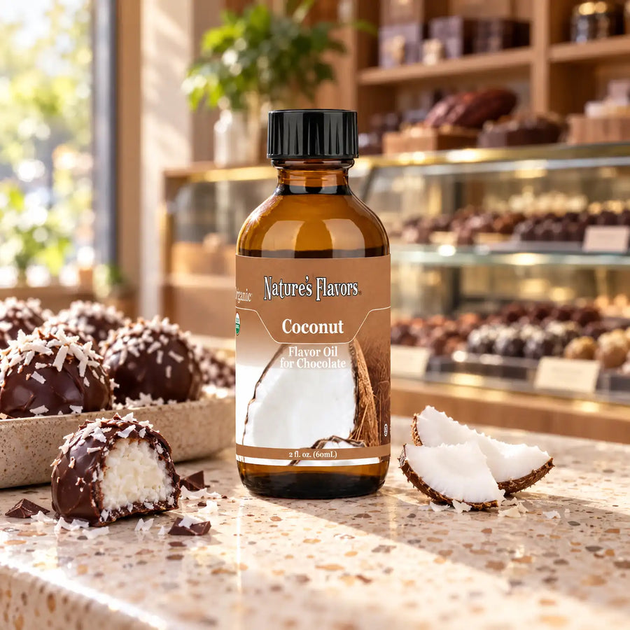 Nature's Flavors Organic Coconut Flavor Oil for Chocolate bottle beside coconut pieces and chocolate truffles on a boutique counter.