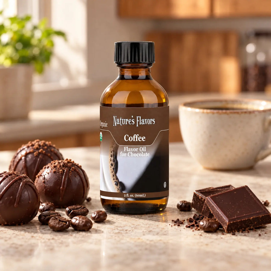 Nature's Flavors Organic Coffee Flavor Oil for Chocolate bottle beside coffee beans, truffles, chocolate squares, and a cup on a kitchen counter.