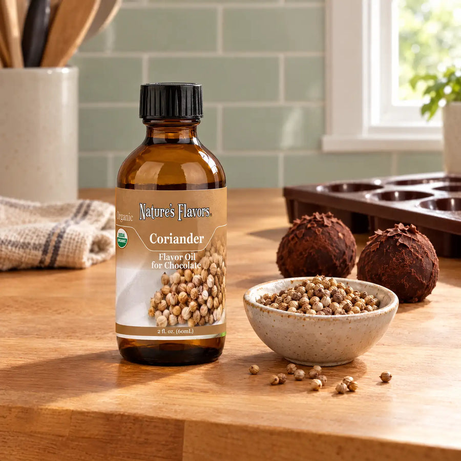 Nature's Flavors Organic Coriander Flavor Oil For Chocolate, 2-ounce bottle, with coriander seeds and dark chocolate truffles in a kitchen.