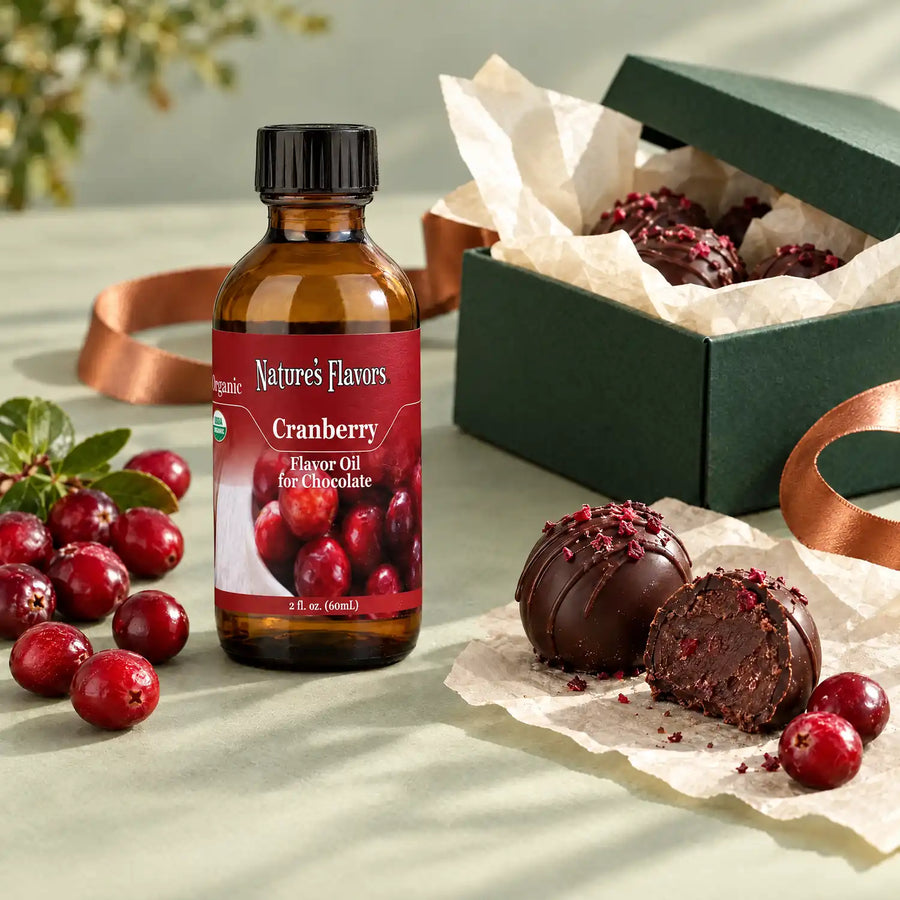 Nature's Flavors Organic Cranberry Flavor Oil For Chocolate, 2-ounce bottle, with cranberries and boxed chocolates on a sage gift table.