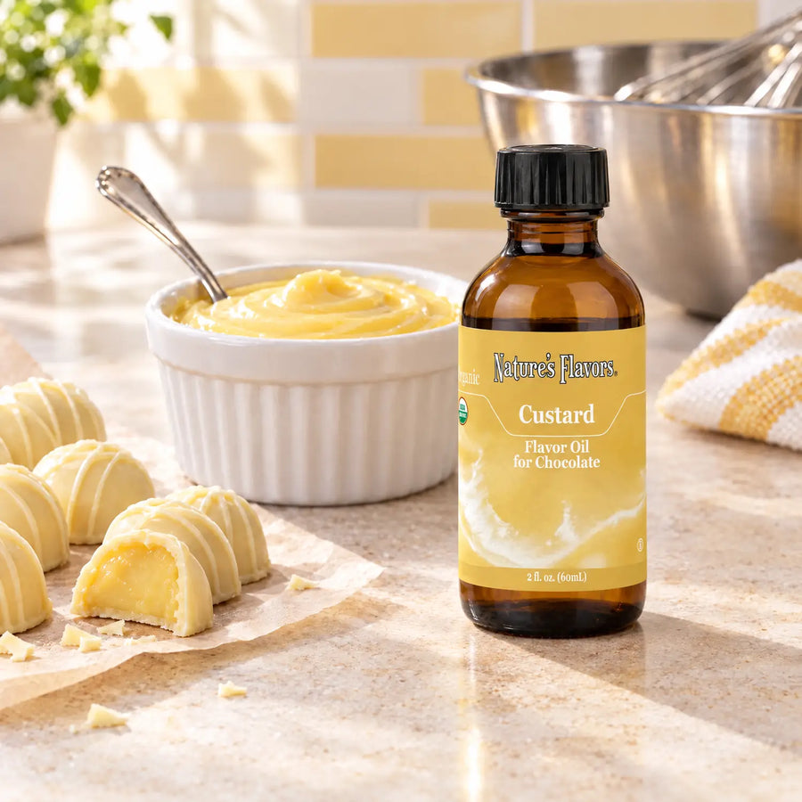 Nature's Flavors Organic Custard Flavor Oil For Chocolate, 2-ounce bottle, with custard and white chocolate bonbons in a working kitchen.