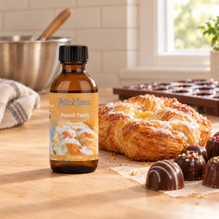 Nature's Flavors Organic Danish Pastry Flavor Oil For Chocolate, 2-ounce bottle, with a Danish pastry and chocolate bonbons in a working kitchen.