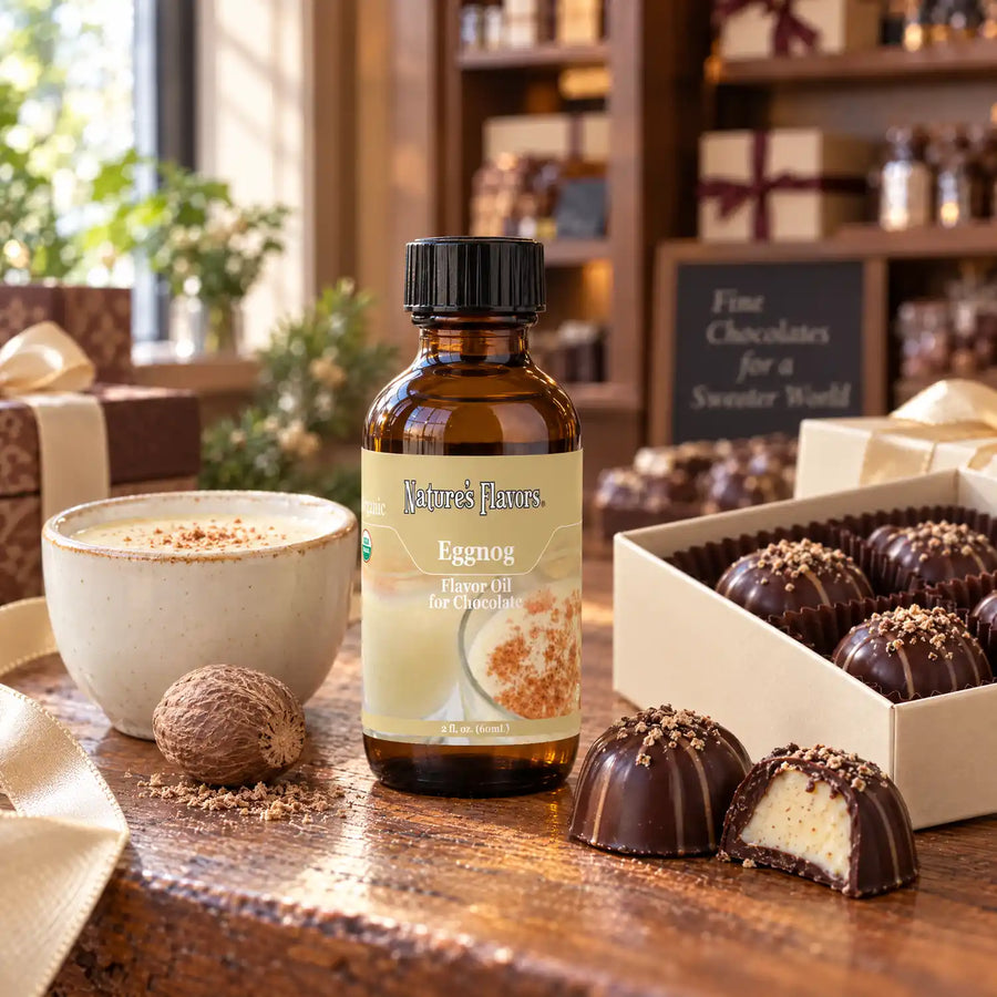 Nature's Flavors Organic Eggnog Flavor Oil for Chocolate bottle on a wooden chocolate-shop counter beside eggnog and nutmeg and a gift box of chocolates.