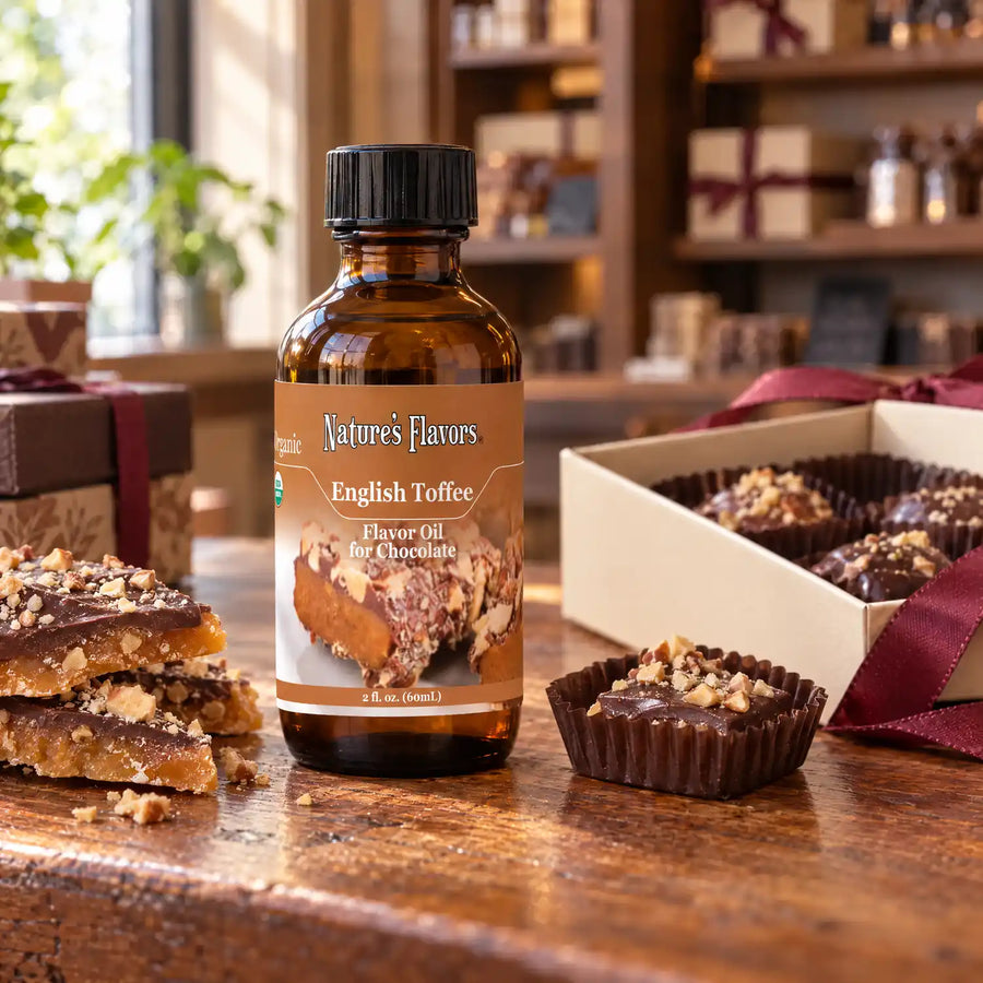 Nature's Flavors Organic English Toffee Flavor Oil for Chocolate bottle on a wooden chocolate-shop counter beside chocolate-topped English toffee and a gift box of chocolates.