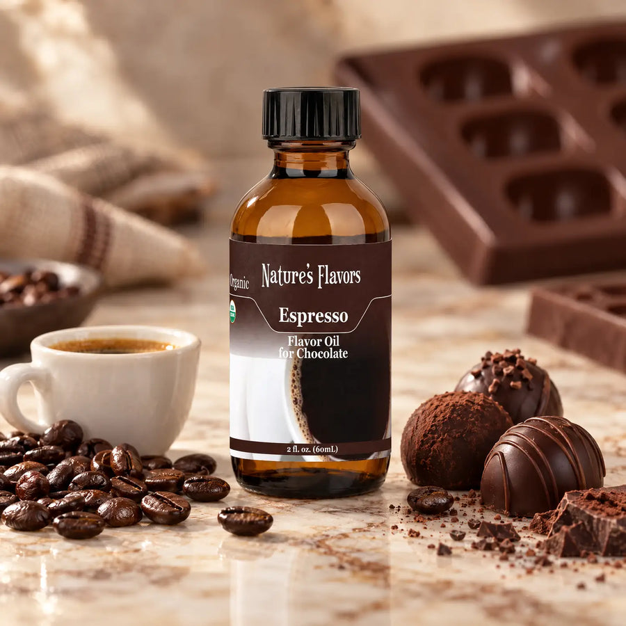Nature's Flavors Organic Espresso Flavor Oil for Chocolate bottle beside espresso beans, a small coffee cup, and truffles on a workbench.