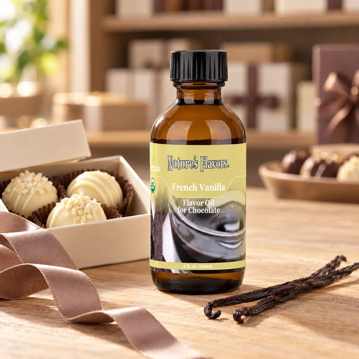 Nature's Flavors Organic French Vanilla Flavor Oil for Chocolate bottle beside vanilla beans and a gift box of white chocolate truffles.