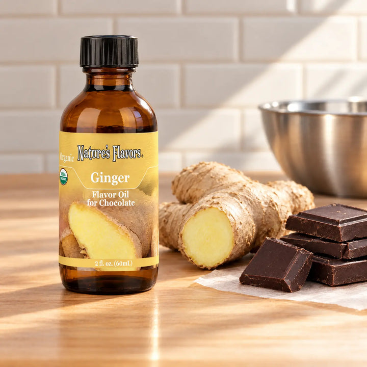 Nature's Flavors Organic Ginger Flavor Oil For Chocolate, 2-ounce bottle, with fresh ginger root and dark chocolate pieces in a working kitchen.