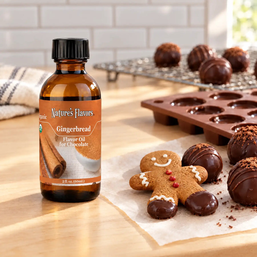 Nature's Flavors Organic Gingerbread Flavor Oil For Chocolate, 2-ounce bottle, with a chocolate-dipped gingerbread man and truffles in a kitchen.