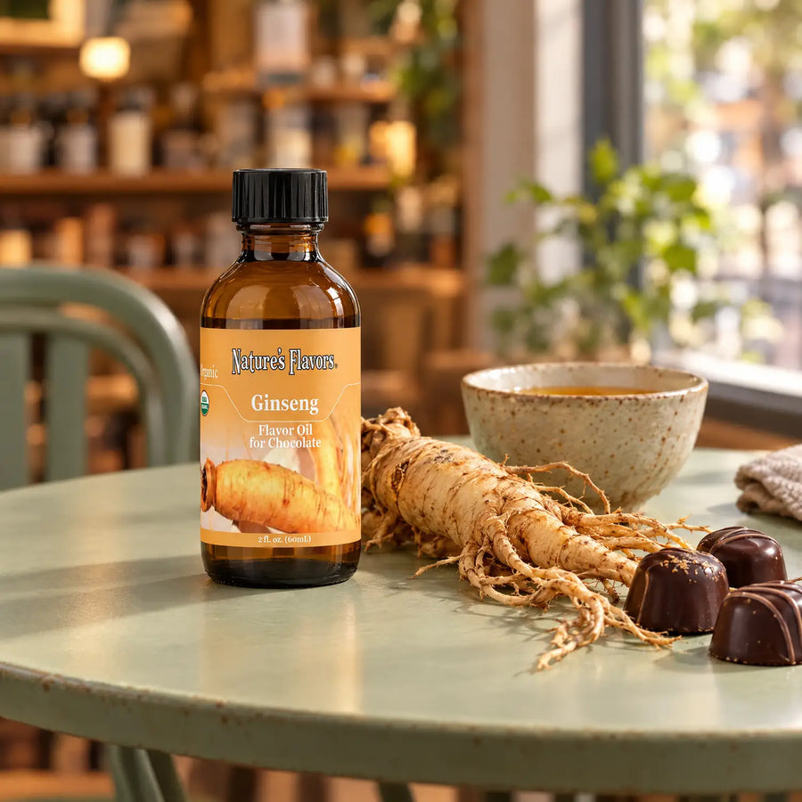 Nature's Flavors Organic Ginseng Flavor Oil for Chocolate, 2-ounce bottle, with ginseng root, tea and chocolate bonbons on a cafe table.