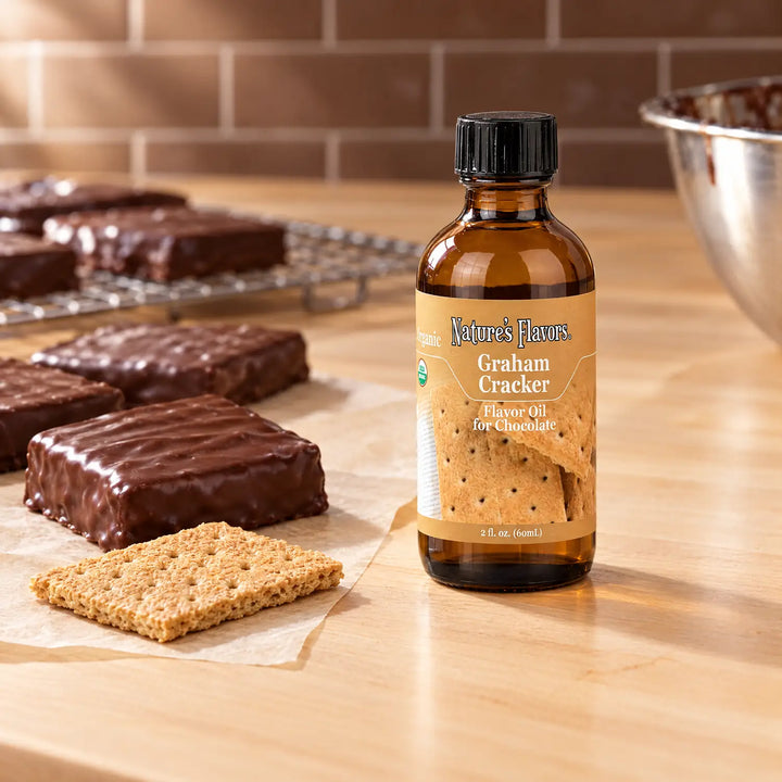 Nature's Flavors Organic Graham Cracker Flavor Oil For Chocolate, 2-ounce bottle, with chocolate-coated graham crackers in a working kitchen.