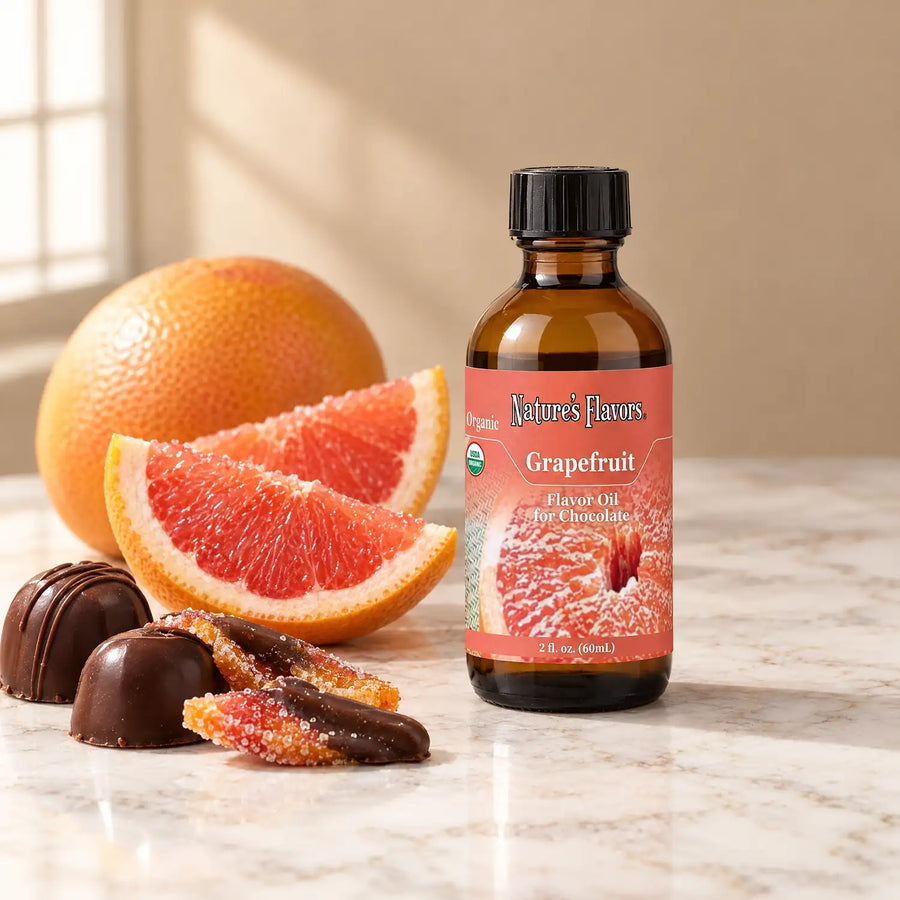 Nature's Flavors Organic Grapefruit Flavor Oil For Chocolate, 2-ounce bottle, with grapefruit and chocolate bonbons on marble.