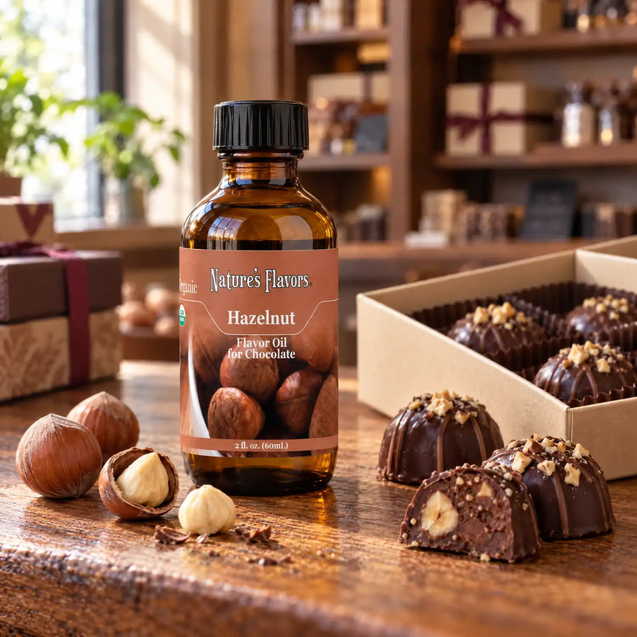 Nature's Flavors Organic Hazelnut Flavor Oil for Chocolate bottle on a wooden chocolate-shop counter beside whole and shelled hazelnuts and a gift box of chocolates.