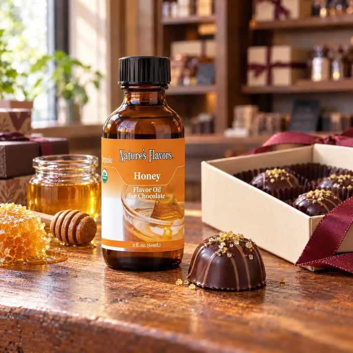 Nature's Flavors Organic Honey Flavor Oil for Chocolate bottle on a wooden chocolate-shop counter beside honeycomb, a honey jar and dipper and a gift box of chocolates.