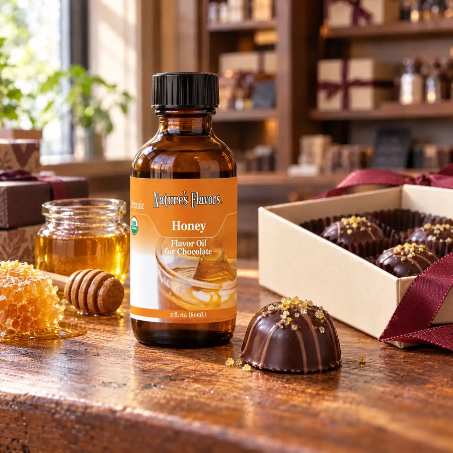 Nature's Flavors Organic Honey Flavor Oil for Chocolate bottle on a wooden chocolate-shop counter beside honeycomb, a honey jar and dipper and a gift box of chocolates.