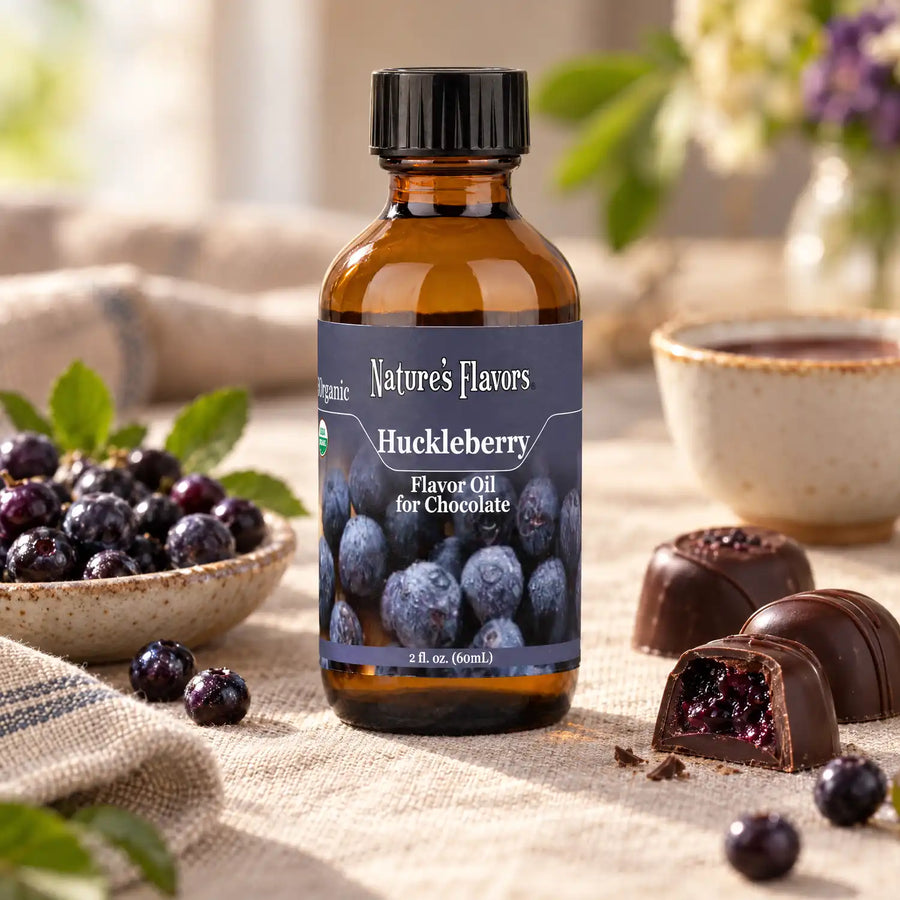 Nature's Flavors Organic Huckleberry Flavor Oil for Chocolate bottle beside huckleberries and dark chocolates on a dessert tasting table.