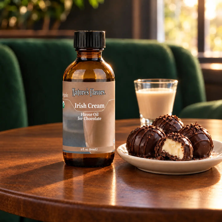 Nature's Flavors Organic Irish Cream Flavor Oil For Chocolate, 2-ounce bottle, with cream-filled chocolate truffles and a creamy drink on a cafe table.