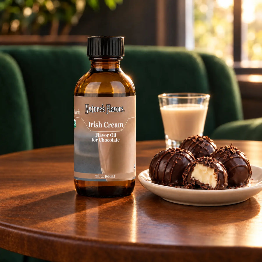 Nature's Flavors Organic Irish Cream Flavor Oil For Chocolate, 2-ounce bottle, with cream-filled chocolate truffles and a creamy drink on a cafe table.