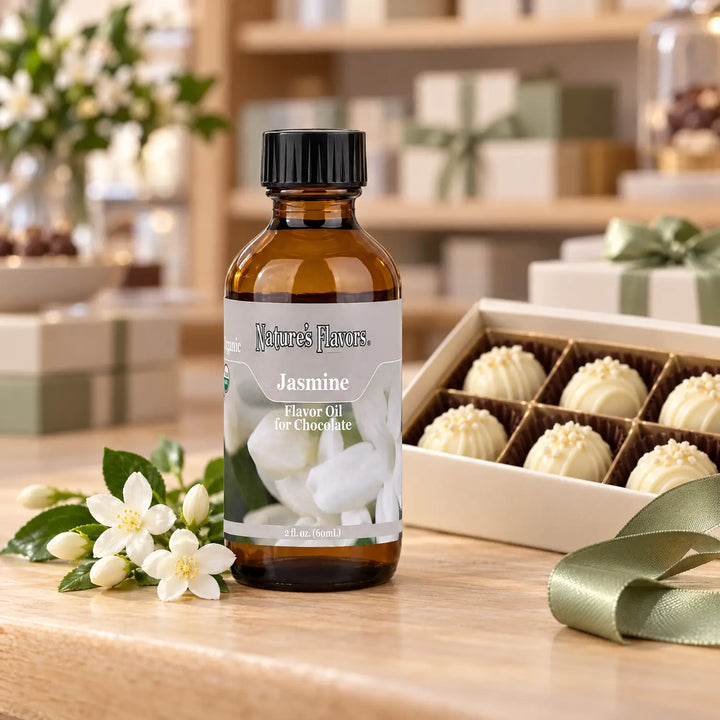 Nature's Flavors Organic Jasmine Flavor Oil for Chocolate bottle beside jasmine blossoms and a gift box of white chocolate truffles.
