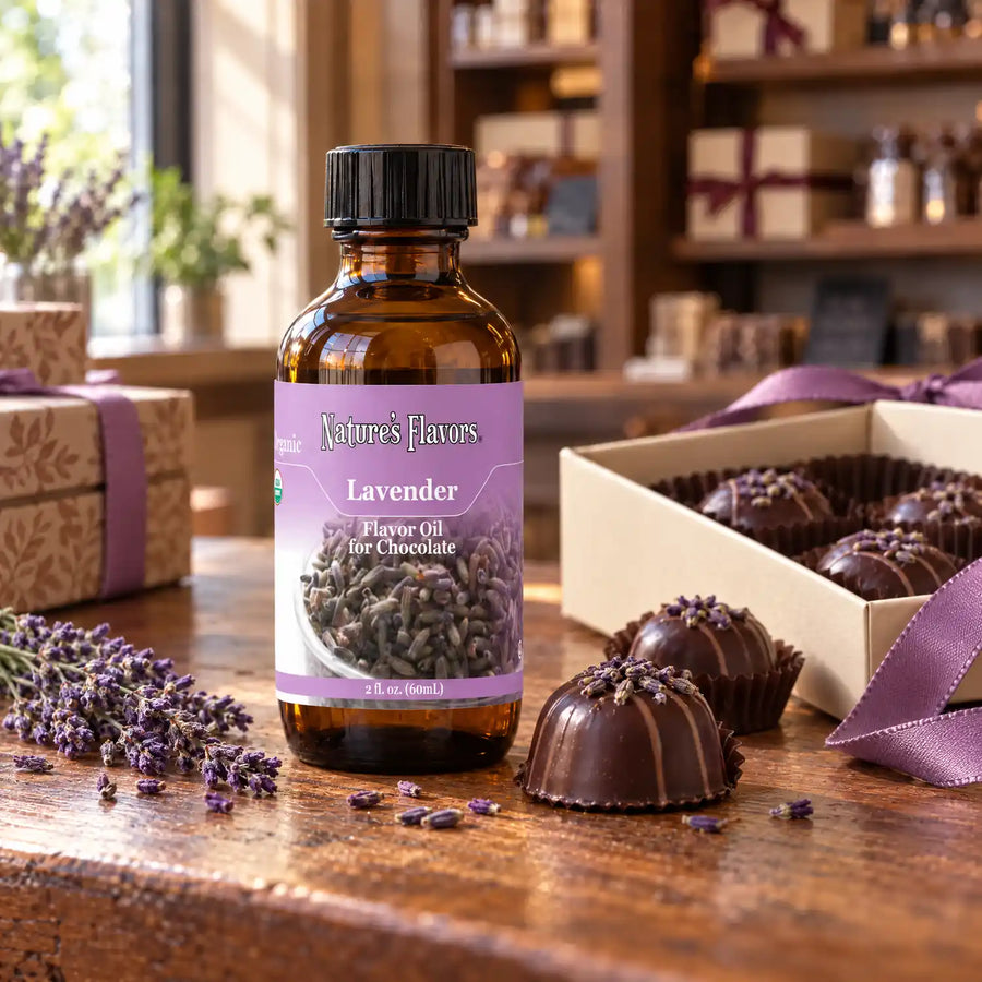 Nature's Flavors Organic Lavender Flavor Oil for Chocolate bottle on a wooden chocolate-shop counter beside lavender sprigs and buds and a gift box of chocolates.