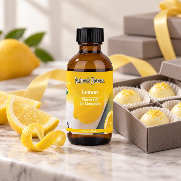 Nature's Flavors Organic Lemon Flavor Oil for Chocolate bottle beside lemon, curled peel, and a gift box of white chocolate truffles.