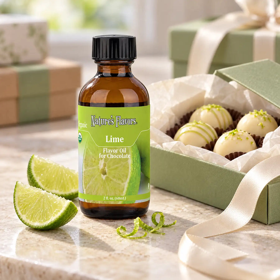 Nature's Flavors Organic Lime Flavor Oil for Chocolate bottle beside lime wedges, zest, and a gift box of white chocolate truffles.