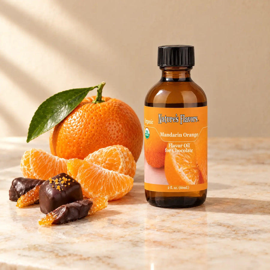Nature's Flavors Organic Mandarin Orange Flavor Oil For Chocolate, 2-ounce bottle, with mandarin orange segments and chocolate bonbons on marble.
