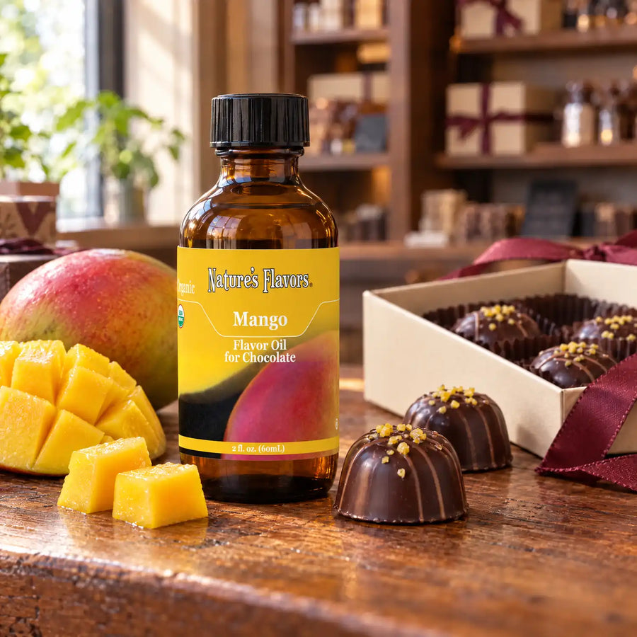Nature's Flavors Organic Mango Flavor Oil for Chocolate bottle on a wooden chocolate-shop counter beside sliced mango and a gift box of chocolates.