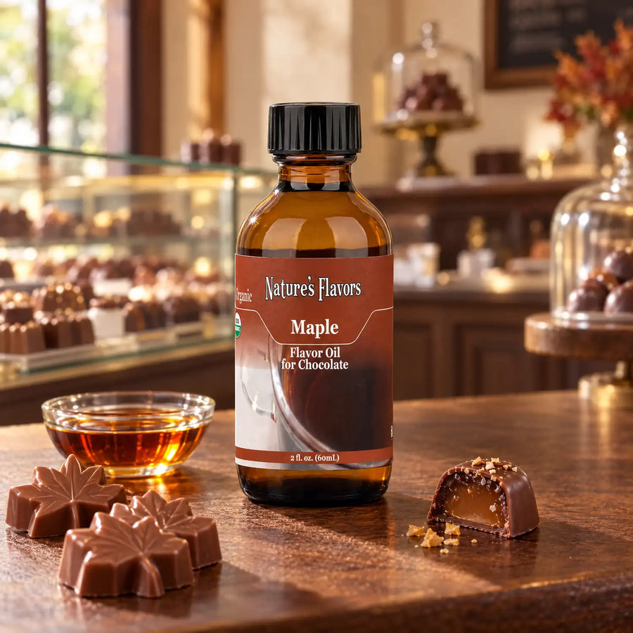 Nature's Flavors Organic Maple Flavor Oil for Chocolate bottle beside maple-leaf chocolates and a small bowl of syrup in a chocolate shop.
