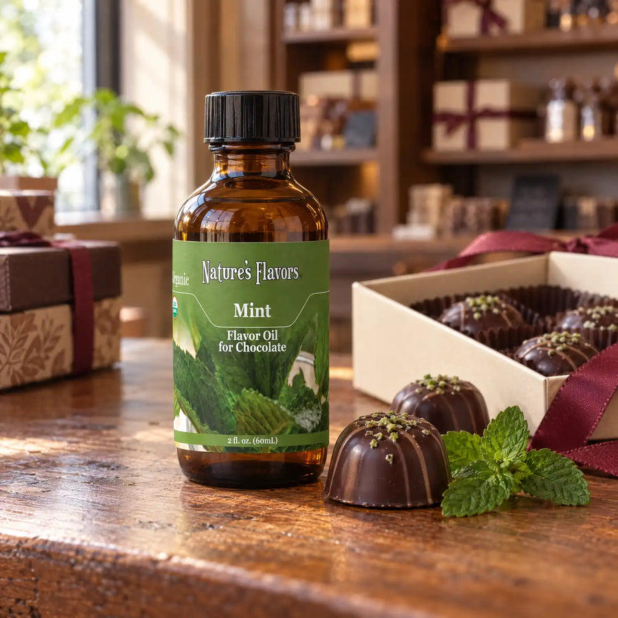 Nature's Flavors Organic Mint Flavor Oil for Chocolate bottle on a wooden chocolate-shop counter beside mint leaves and a gift box of dark chocolates.