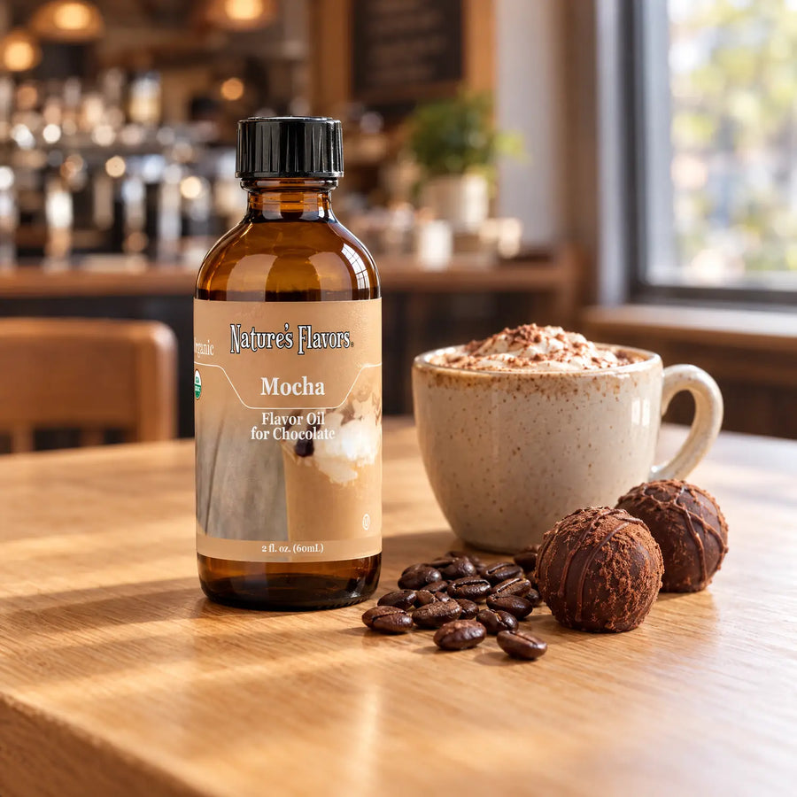 Nature's Flavors Organic Mocha Flavor Oil For Chocolate, 2-ounce bottle, with mocha, coffee beans and chocolate truffles on a cafe table.