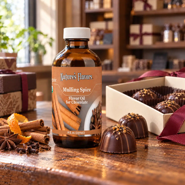 Nature's Flavors Organic Mulling Spice Flavor Oil for Chocolate bottle on a wooden chocolate-shop counter beside cinnamon sticks, star anise and orange peel and a gift box of chocolates.