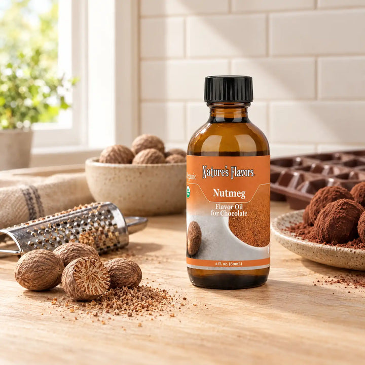 Nature's Flavors Organic Nutmeg Flavor Oil For Chocolate, 2-ounce bottle, with whole nutmeg and cocoa-dusted truffles in a kitchen.