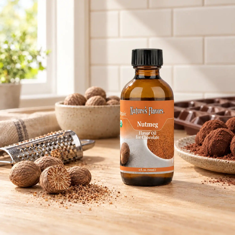 Nature's Flavors Organic Nutmeg Flavor Oil For Chocolate, 2-ounce bottle, with whole nutmeg and cocoa-dusted truffles in a kitchen.