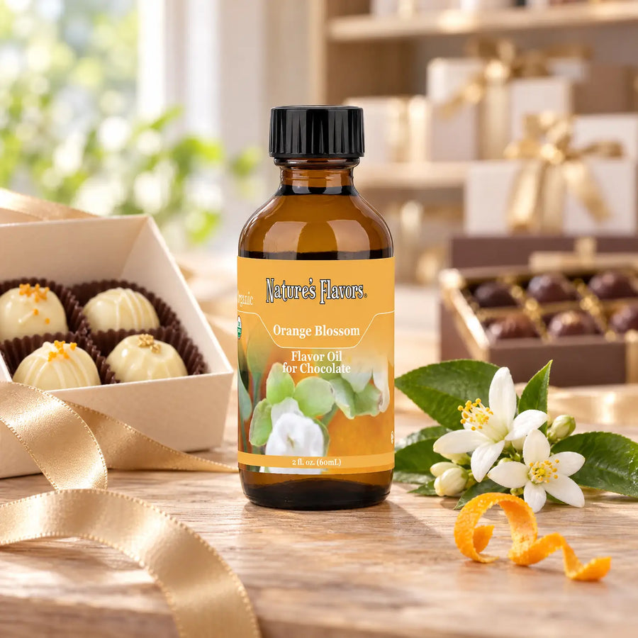 Nature's Flavors Organic Orange Blossom Flavor Oil for Chocolate bottle beside white blossoms, orange peel, and a gift box of white chocolates.
