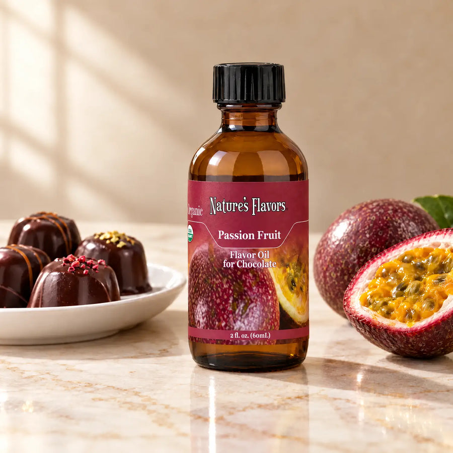 Nature's Flavors Organic Passion Fruit Flavor Oil For Chocolate, 2-ounce bottle, with halved passion fruit and dark chocolate bonbons on marble.