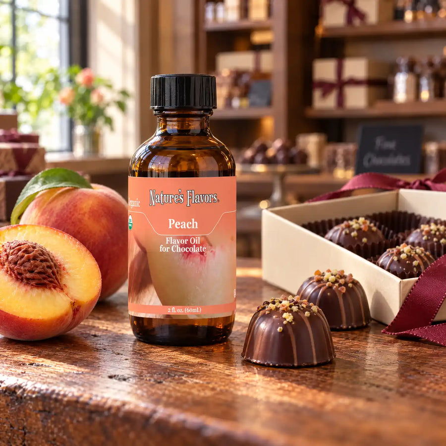 Nature's Flavors Organic Peach Flavor Oil for Chocolate bottle on a wooden chocolate-shop counter beside whole and halved peaches and a gift box of chocolates.