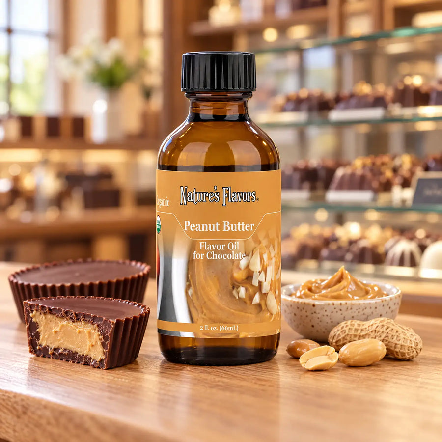 Nature's Flavors Organic Peanut Butter Flavor Oil for Chocolate bottle beside peanut butter cups and a small dish of peanut butter in a chocolate shop.