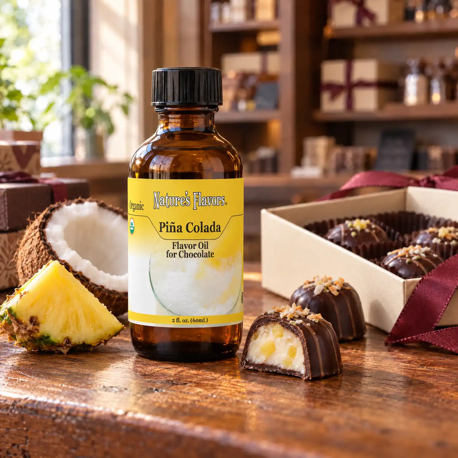 Nature's Flavors Organic Pina Colada Flavor Oil for Chocolate bottle on a wooden chocolate-shop counter beside pineapple and coconut and a gift box of chocolates.
