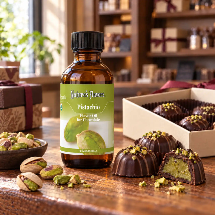 Nature's Flavors Organic Pistachio Flavor Oil for Chocolate bottle on a wooden chocolate-shop counter beside pistachios and a gift box of chocolates.